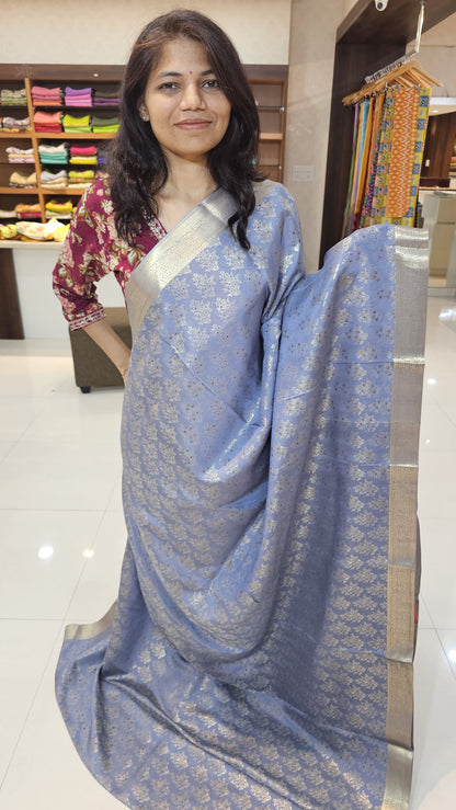 Mysore crepe silk saree with KSIC Finish in elephant grey in allover zari buttas pattern