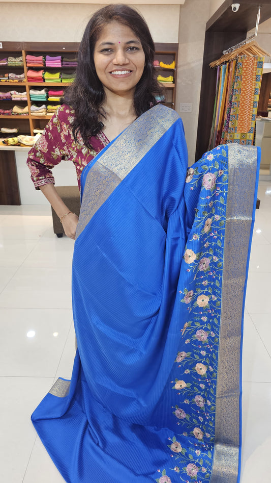 Mysore crepe silk saree with KSIC Finish in royal blue with half white in embroidery pattern