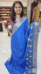 Mysore crepe silk saree with KSIC Finish in royal blue with half white in embroidery pattern