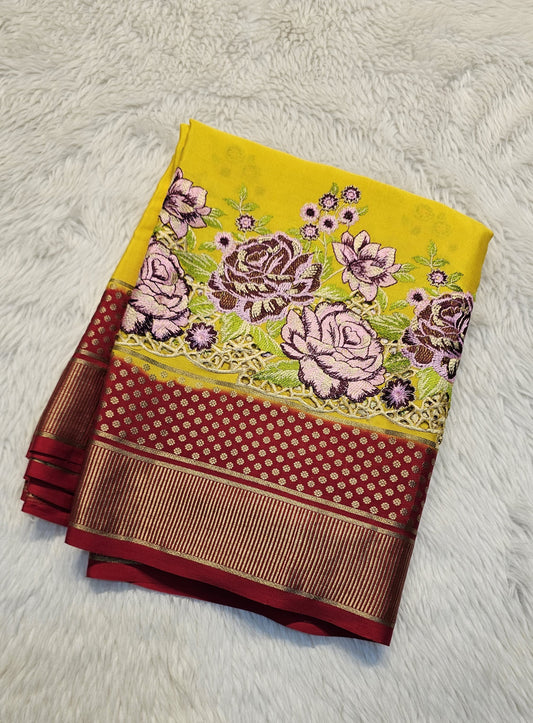 Mysore crepe silk saree with KSIC Finish in yellow with red in one side cutwork pattern