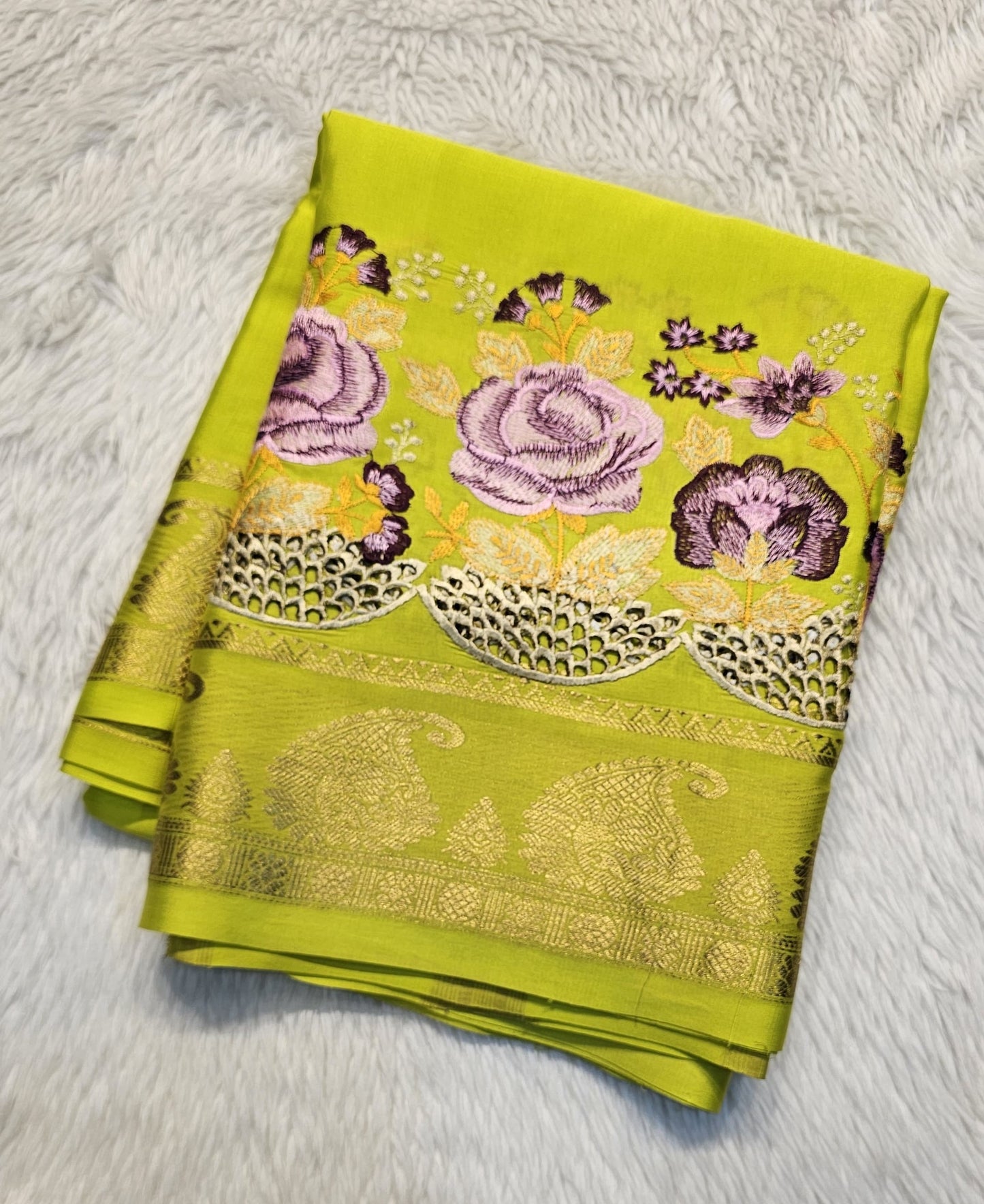 Mysore crepe silk saree with KSIC Finish in lemon green self in one side cutwork pattern
