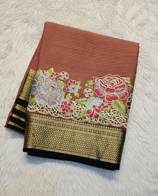 Mysore crepe silk saree with KSIC Finish in light brick red with black in one side cutwork pattern