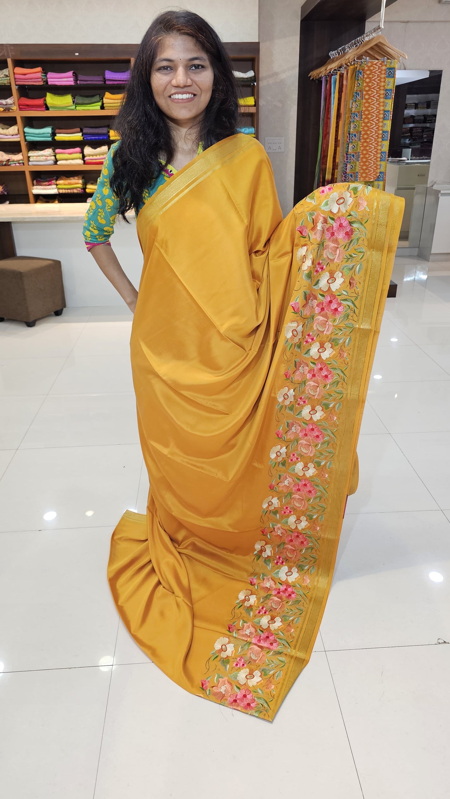 Mysore crepe silk saree with KSIC Finish in mango yellow self in embroidery pattern