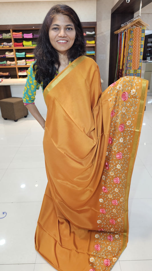 Mysore crepe silk saree with KSIC Finish in mustard self in embroidery pattern