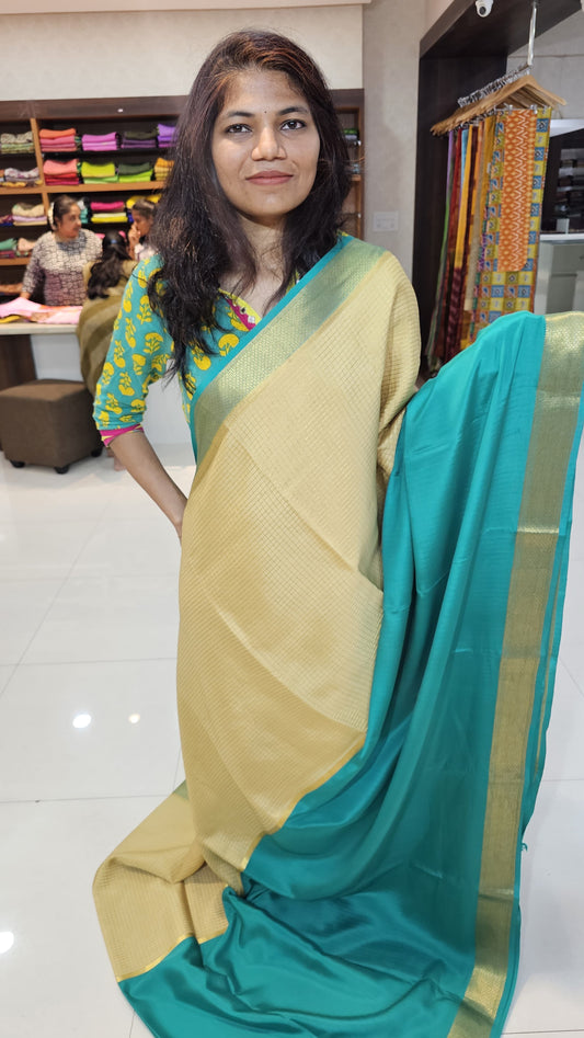 Mysore crepe silk saree with KSIC Finish in rama green bige half and half checks pattern