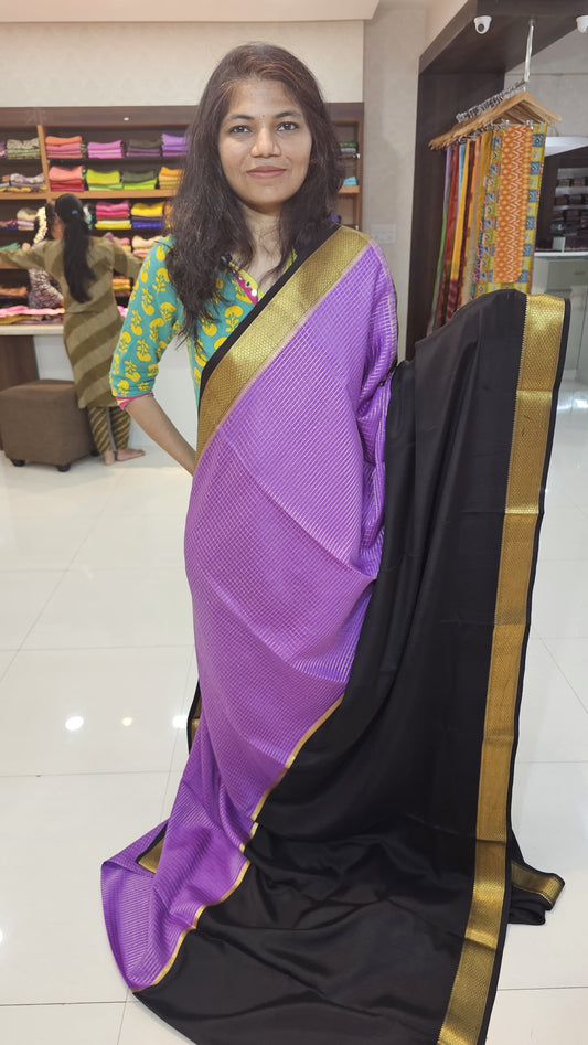 Mysore crepe silk saree with KSIC Finish in purple with black in half and half checks pattern