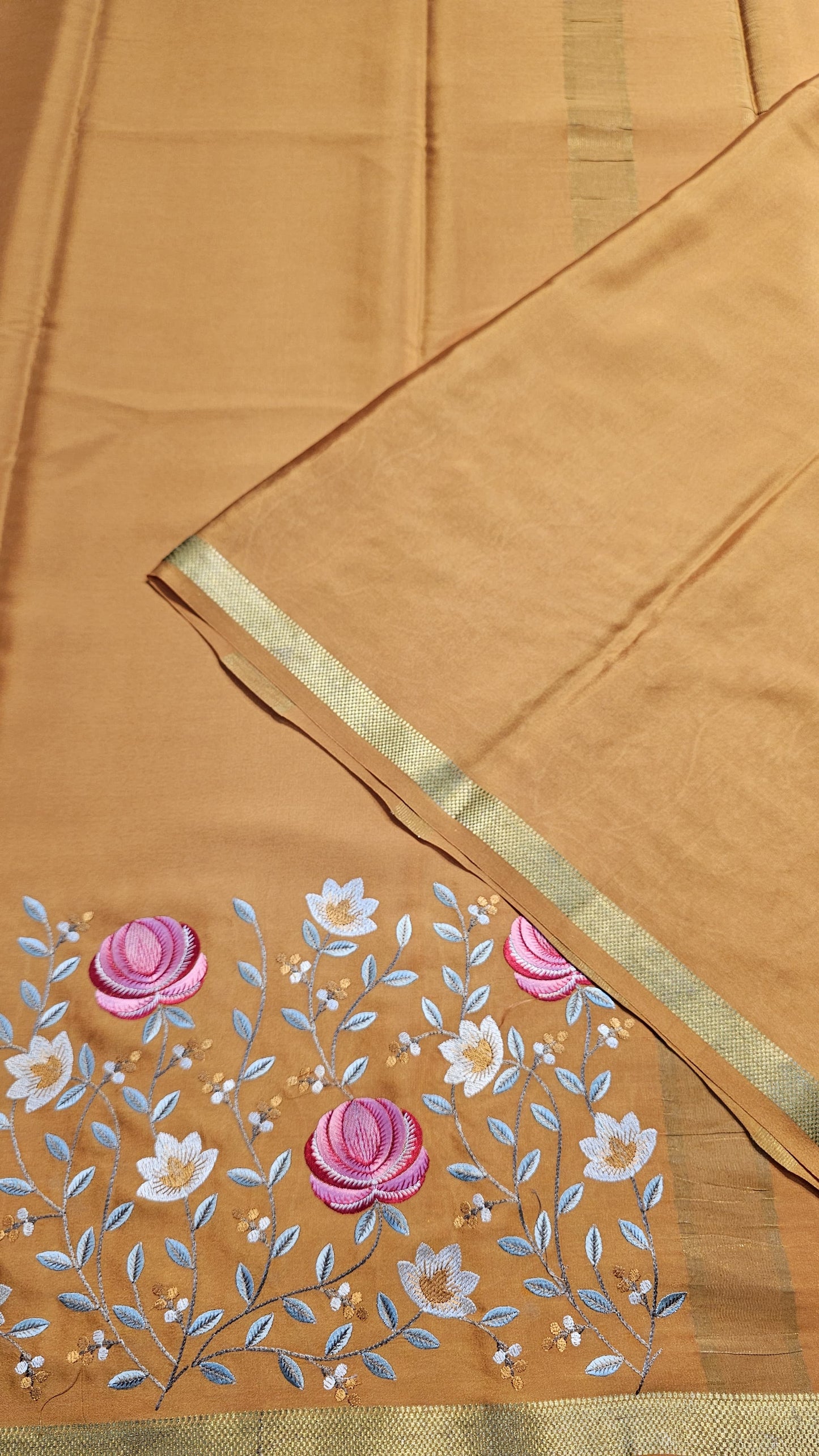 Mysore crepe silk saree with KSIC Finish in mustard self in embroidery pattern