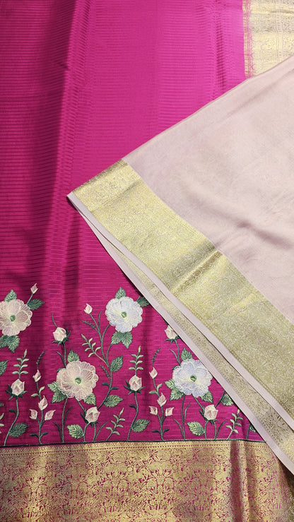 Mysore crepe silk saree with KSIC Finish in rani pink with light baby pink in embroidery pattern