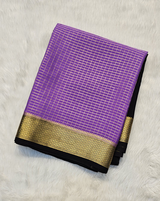 Mysore crepe silk saree with KSIC Finish in purple with black in half and half checks pattern