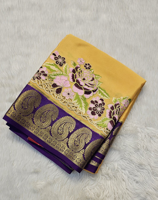 Mysore crepe silk saree with KSIC Finish in sandel with purple in one side cutwork with mango border
