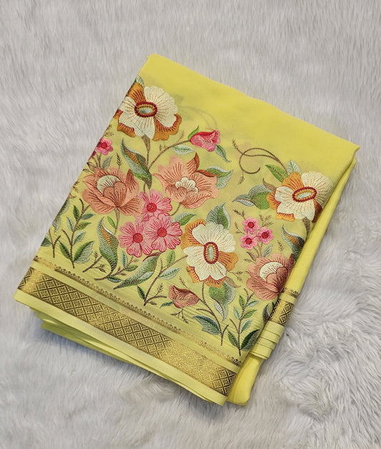 Mysore crepe silk saree with KSIC Finish in lemon yellow self in embroiderylemon pattern