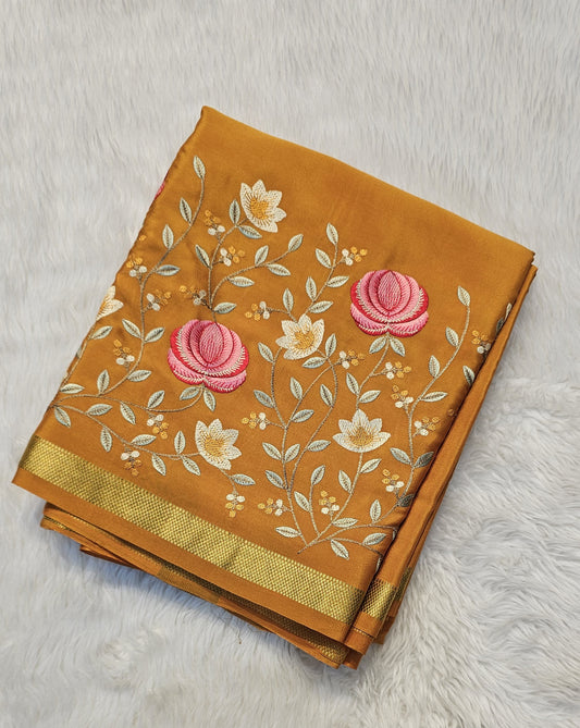 Mysore crepe silk saree with KSIC Finish in mustard self in embroidery pattern