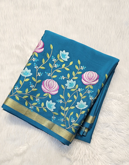 Mysore crepe silk saree with KSIC Finish in rama green self in embroidey pattern