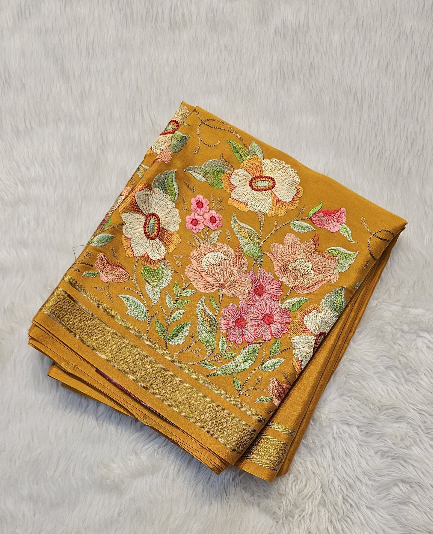 Mysore crepe silk saree with KSIC Finish in mango yellow self in embroidery pattern