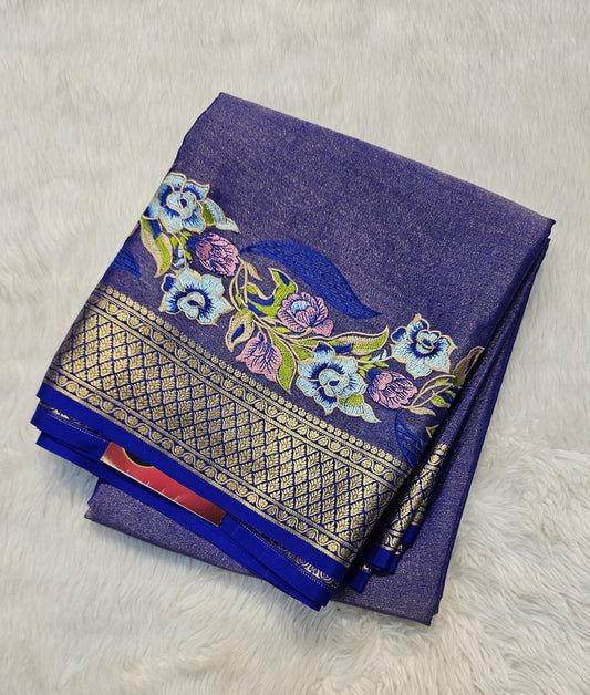 Mysore crepe silk saree with KSIC Finish in royal blue tissue in one side cutwork pattern