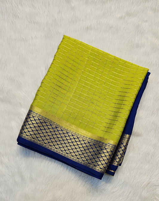 Mysore crepe silk saree with KSIC Finish in lemon green with royal blue in half and half checks pattern