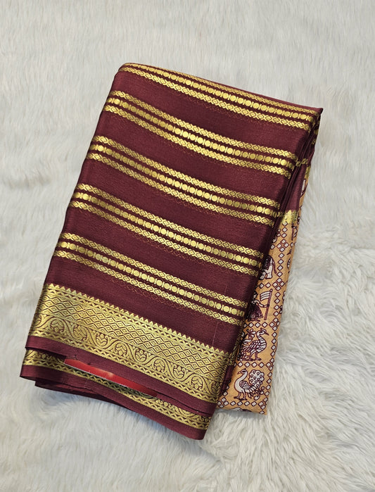 Mysore crepe silk saree with KSIC Finish in peach with wine in kalamkari pattern
