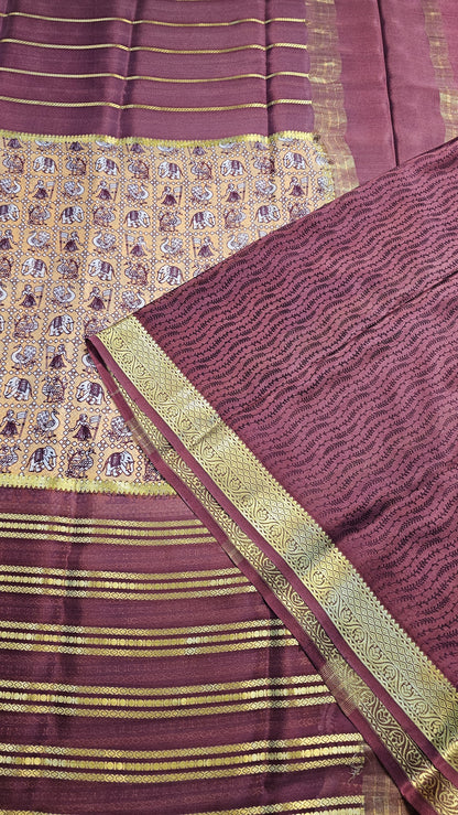 Mysore crepe silk saree with KSIC Finish in peach with wine in kalamkari pattern