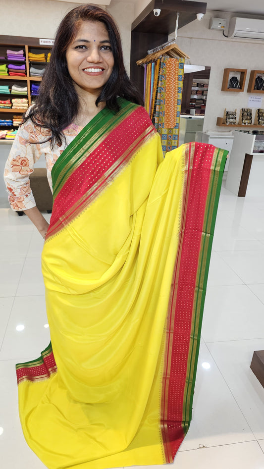 mysore crepe silk sarees in KSIC Finish in lemon yellow with red in bentex border