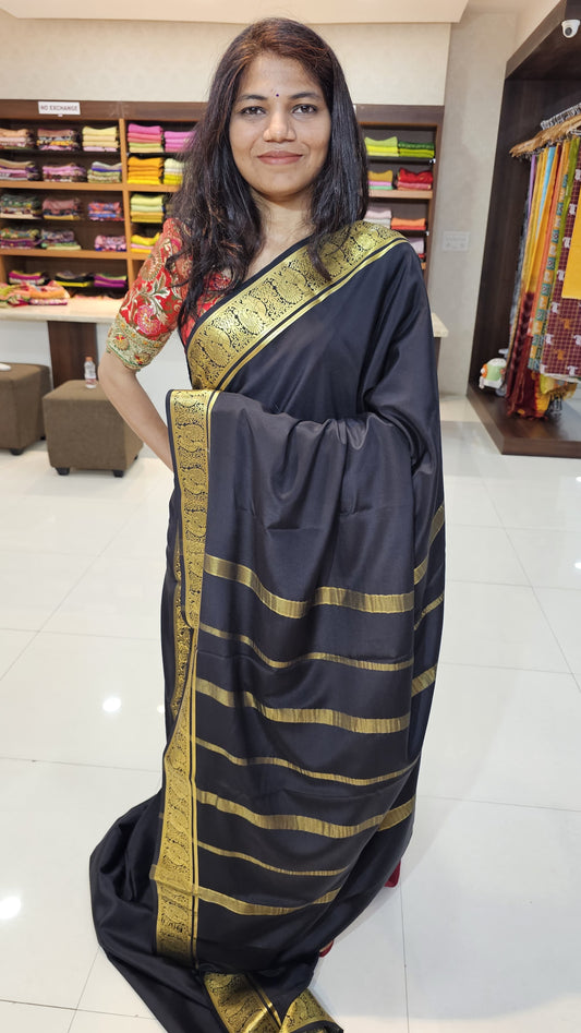 mysore crepe silk sarees in KSIC Finish in black in peacock border