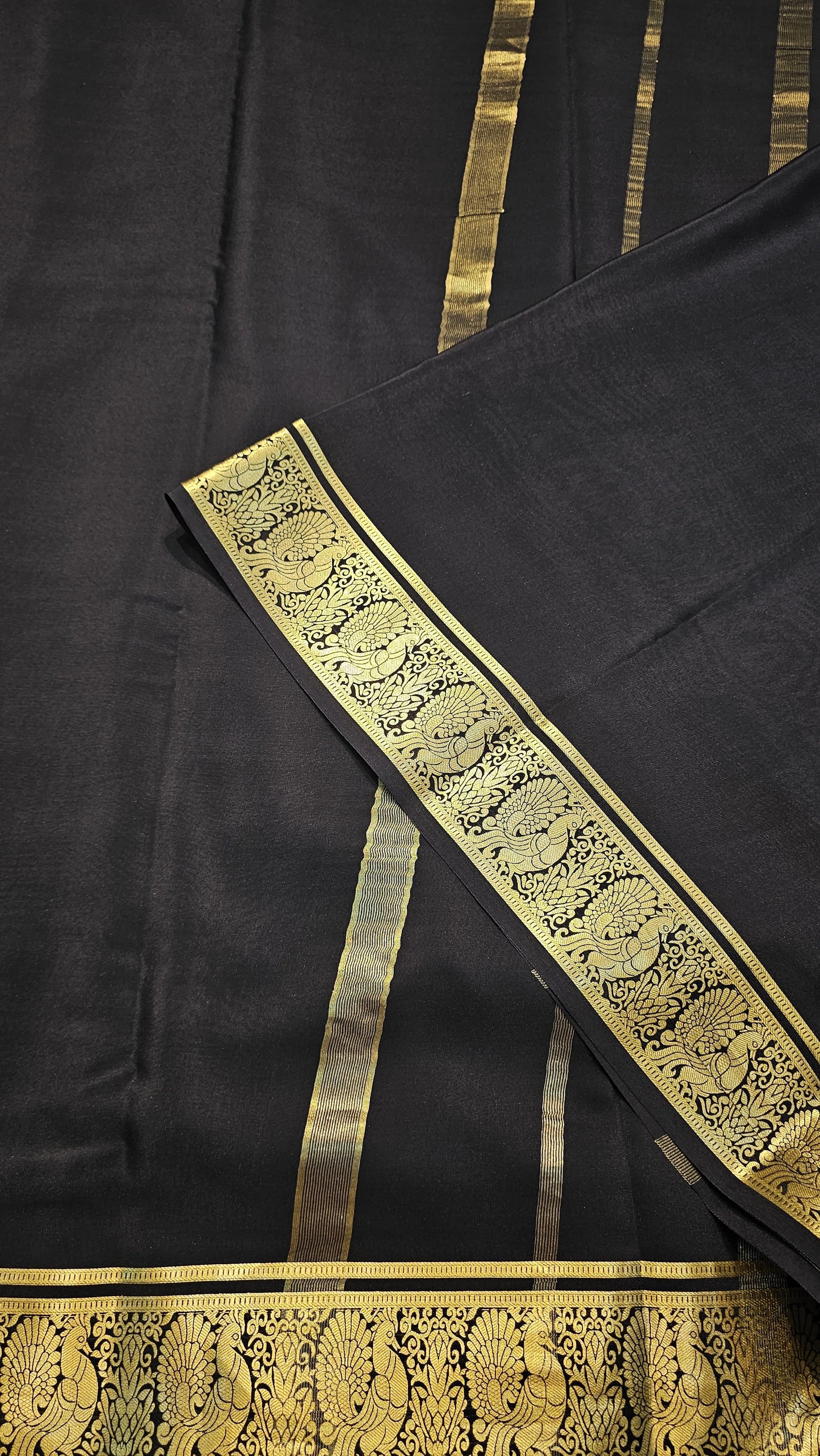 mysore crepe silk sarees in KSIC Finish in black in peacock border