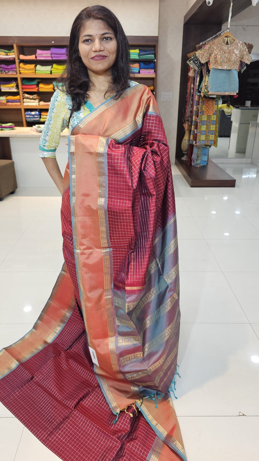 handloom kanchi soft silk sarees in red with peach in bentex border