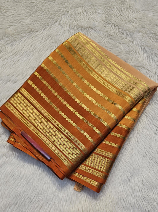 mysore crepe silk sarees in KSIC Finish in peach with rust orange in bentex border