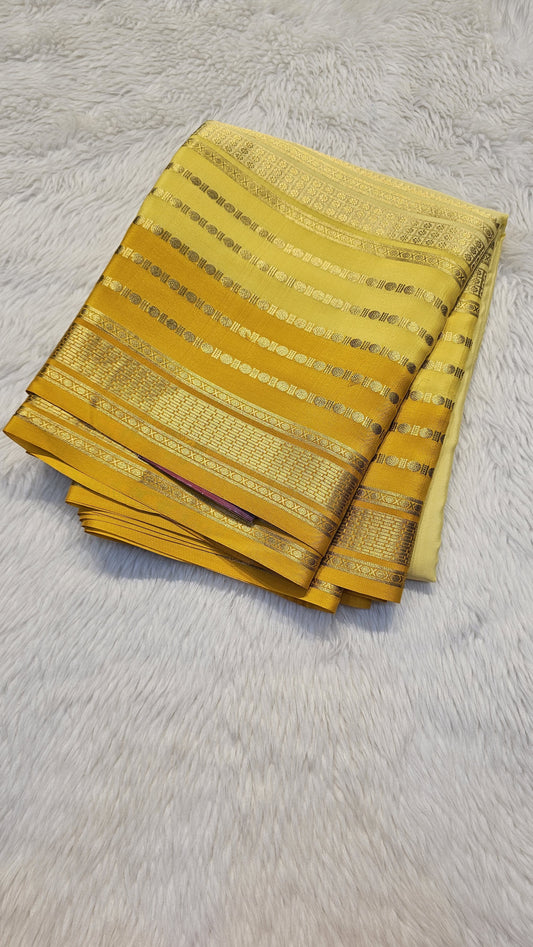 mysore crepe silk sarees in KSIC Finish in lime yellow mango yelow in bentex border