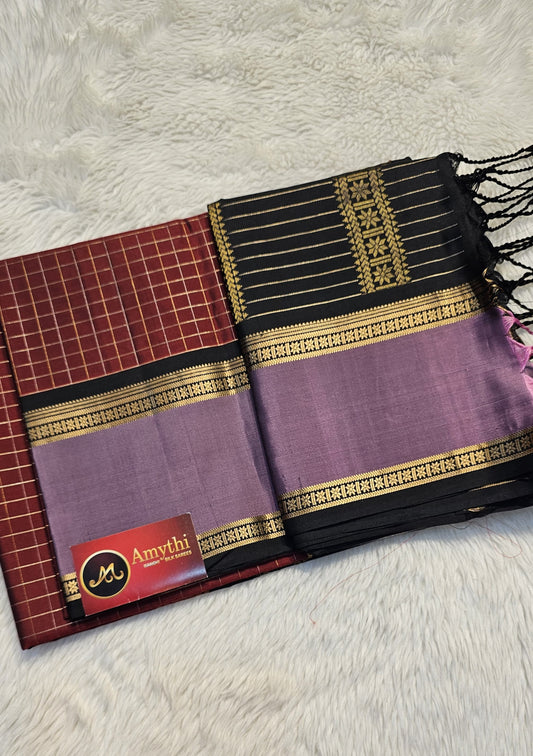handloom kanchi soft silk sarees in rust red with light pink in bentex border