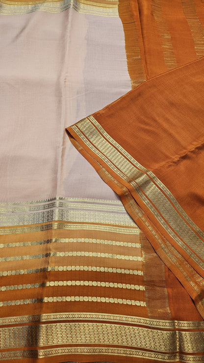 mysore crepe silk sarees in KSIC Finish in peach with rust orange in bentex border