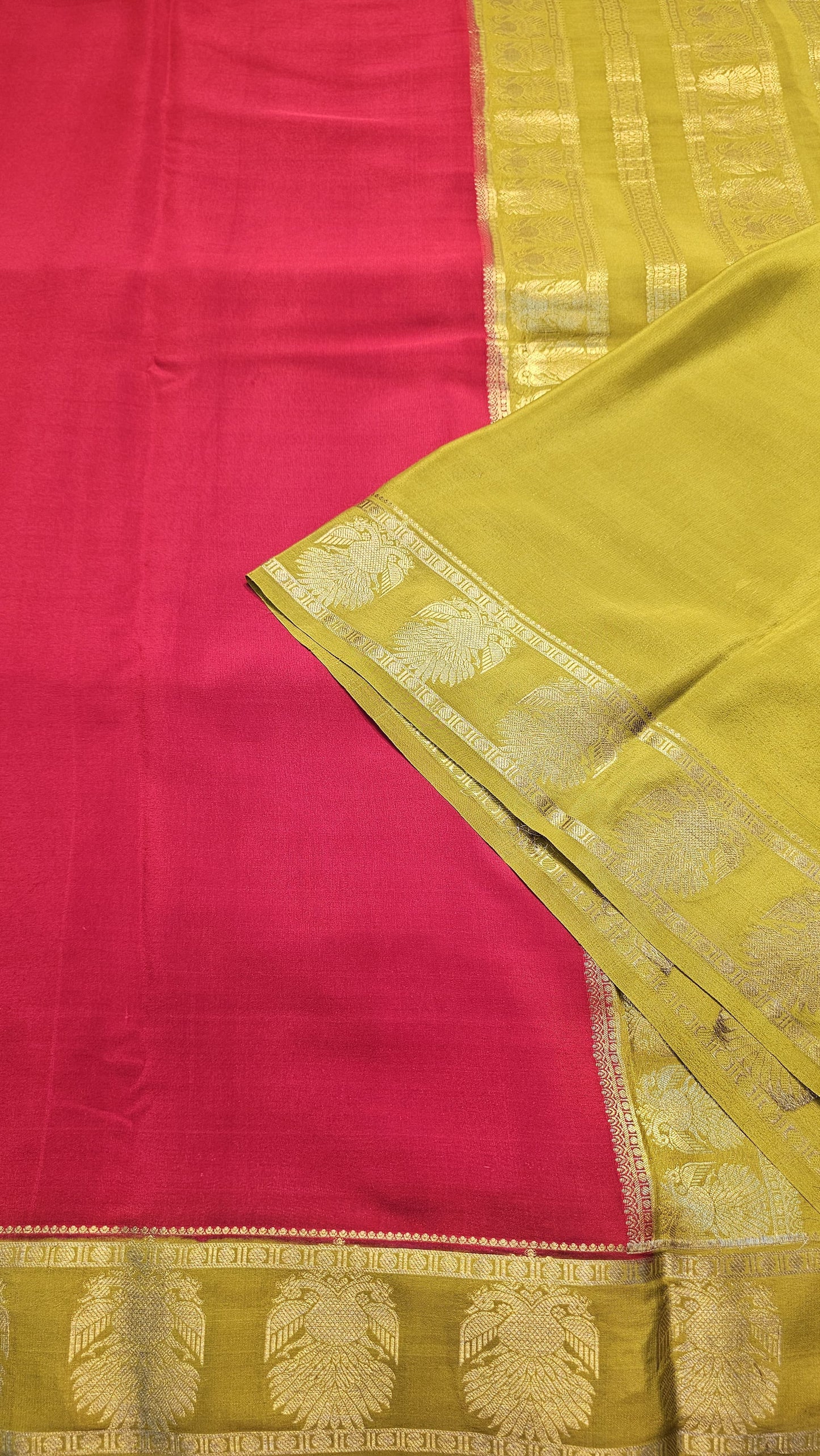 mysore crepe silk sarees in KSIC Finish in red with mehendi green in ganda berunda border