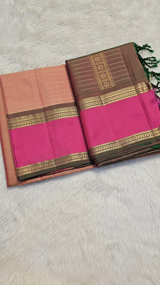 handloom kanchi soft silk saree in peach with rani pink in bentex border