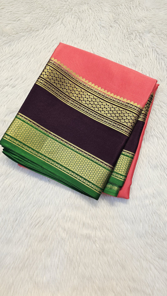 mysore crepe silk sarees in KSIC Finish in peach pink with dark brown in bentex border