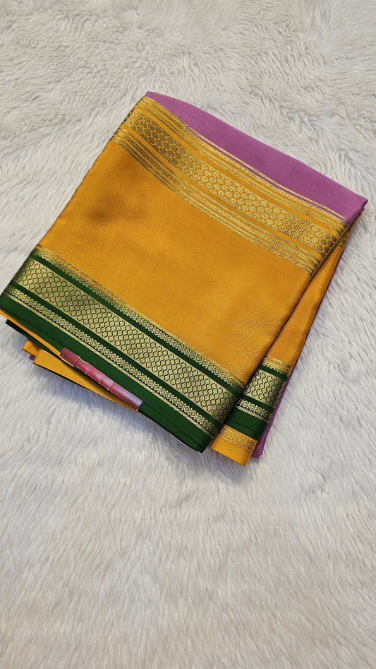 mysore crepe silk sarees in KSIC Finish in onion pink with green in bentex border