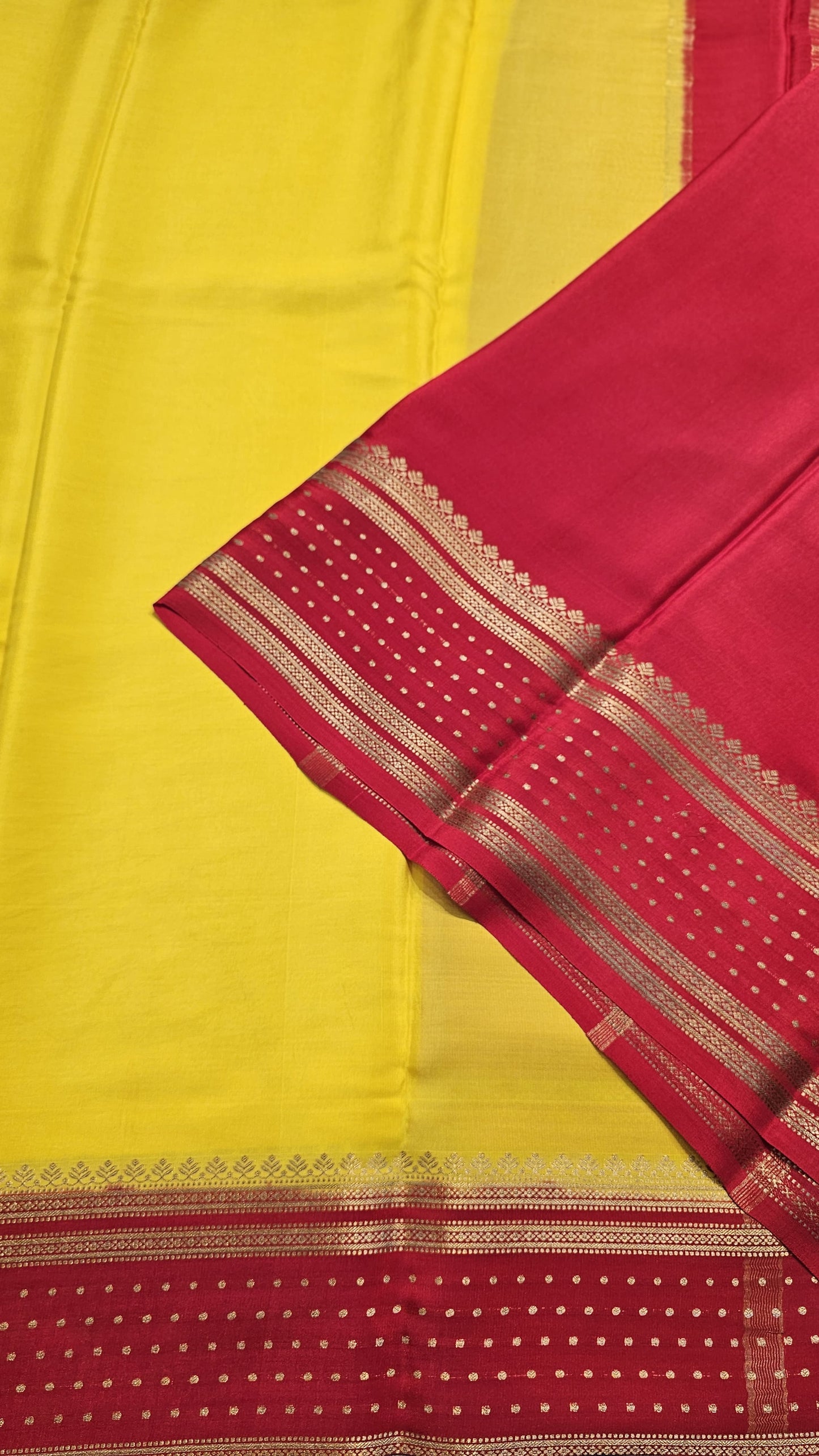 mysore crepe silk sarees in KSIC Finish in lemon yellow with red in bentex border