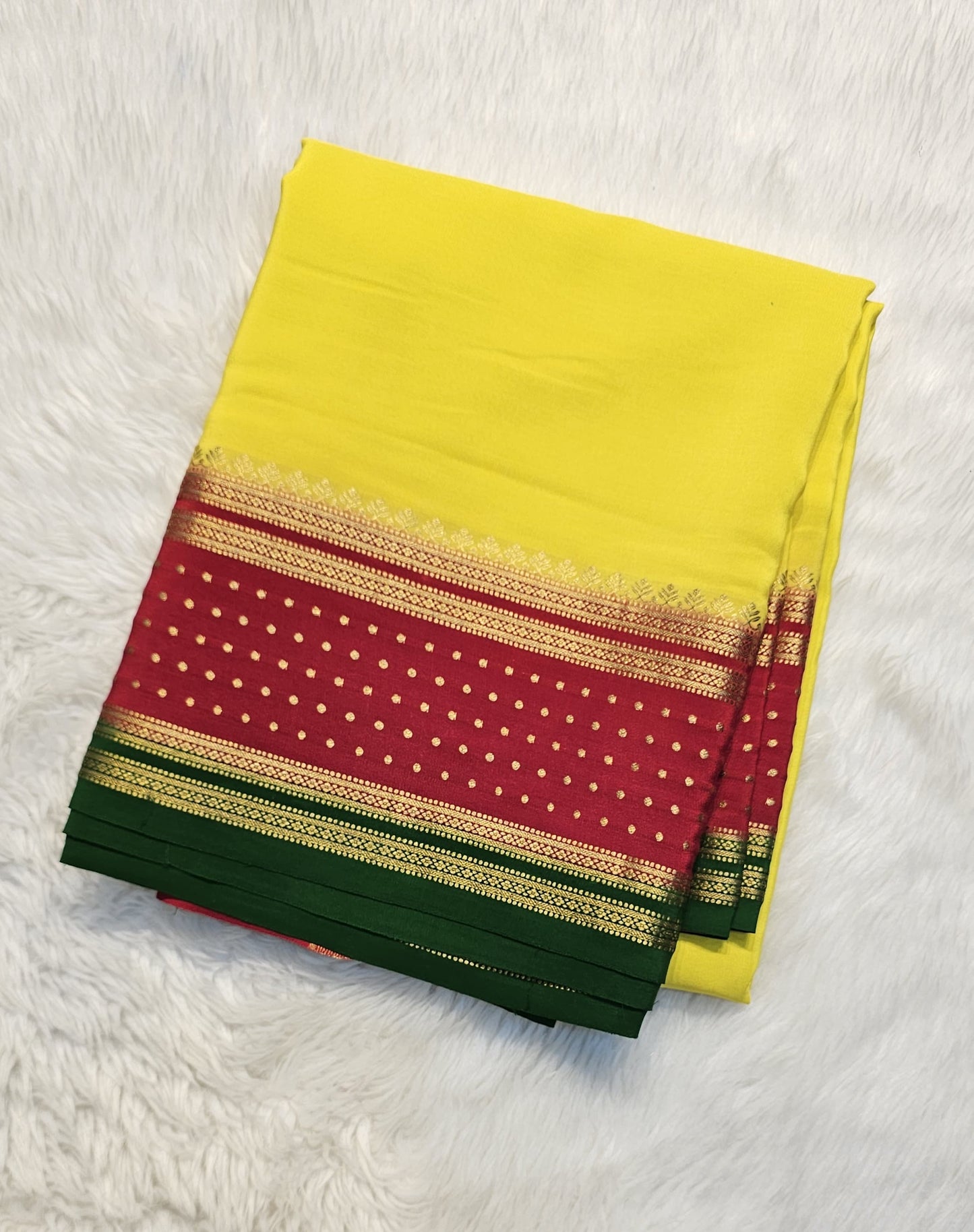 mysore crepe silk sarees in KSIC Finish in lemon yellow with red in bentex border