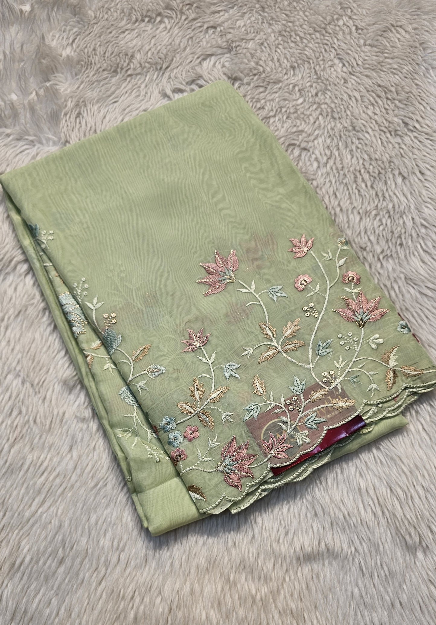 semi organza fancy saree in pista self with allover embroidery work