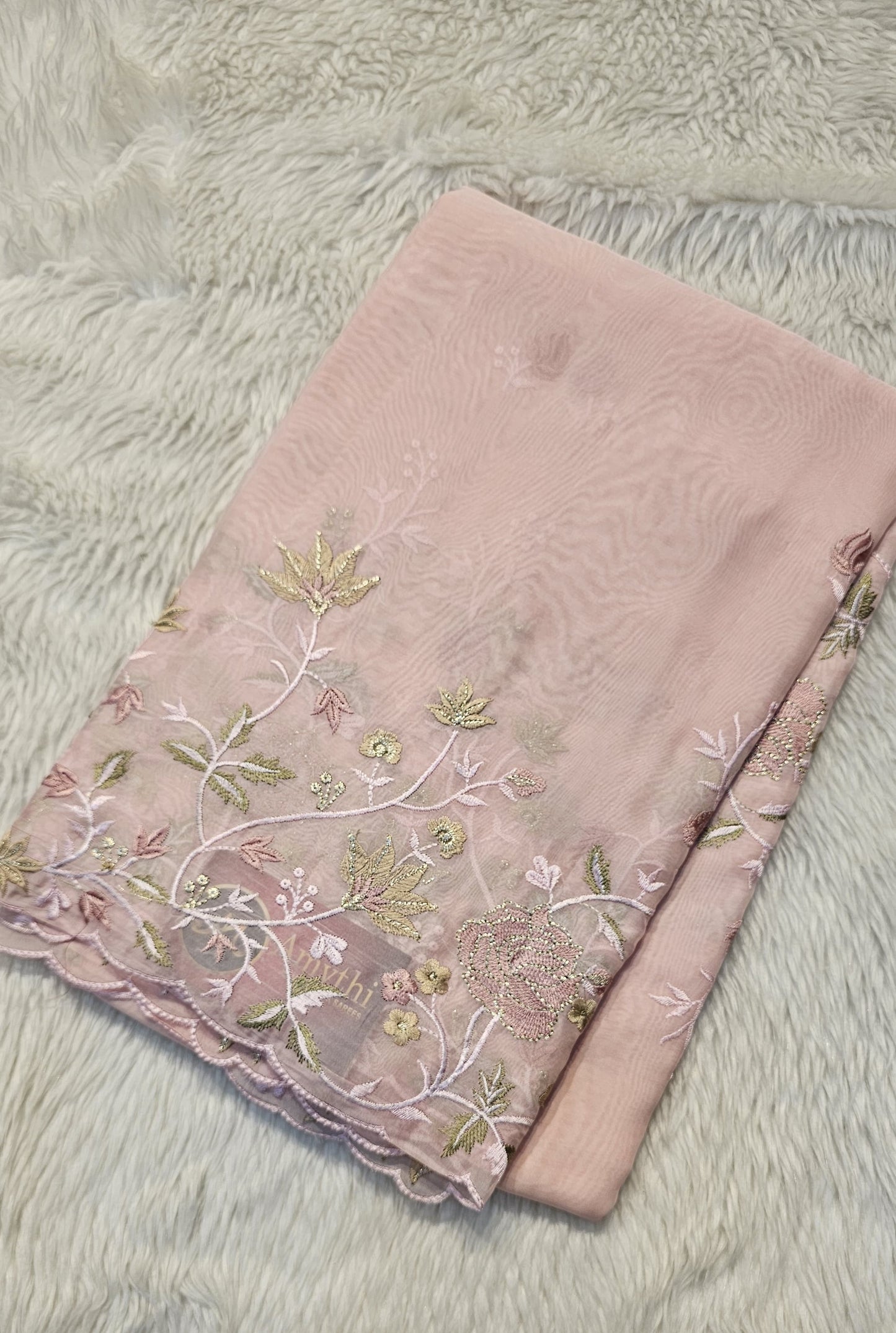 Semi organza fancy saree in light lavender self with allover embroidery work