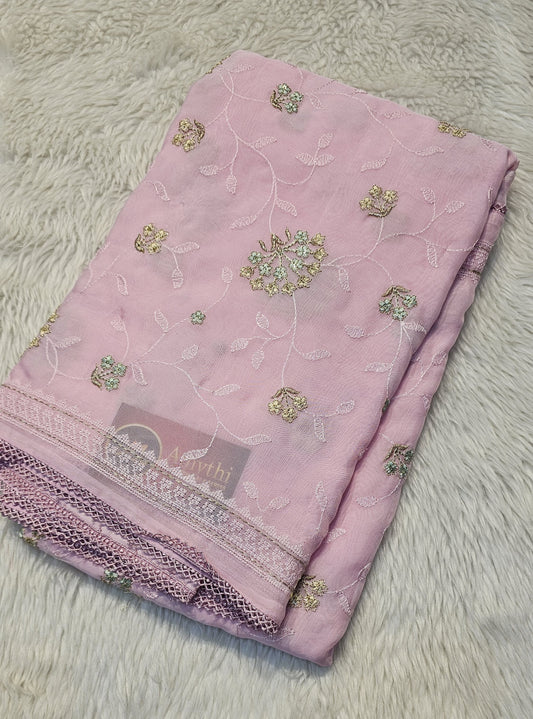 Semi organza fancy saree in candy pink self with allover embroidery work