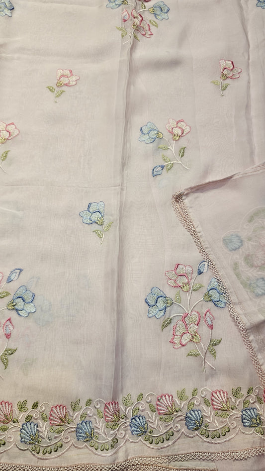 semi organza fancy saree in baby pink self with allover embroidery work