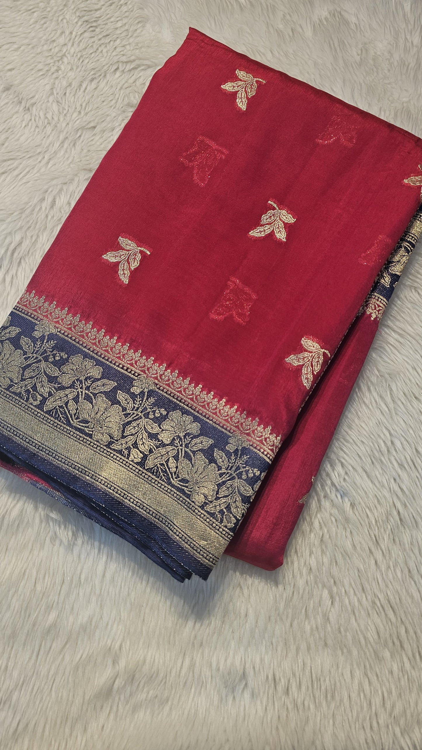 Semi banaras silk saree in megenta pink with royal blue in allover zari buttas pattern