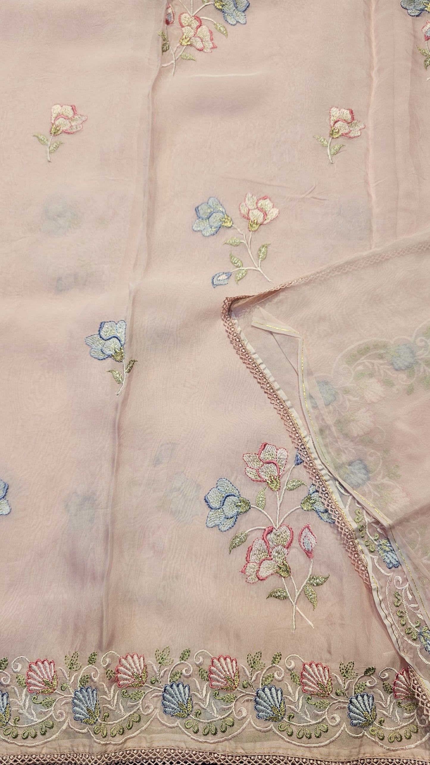 Semi organza fancy saree in light pink self with allover embroidery work