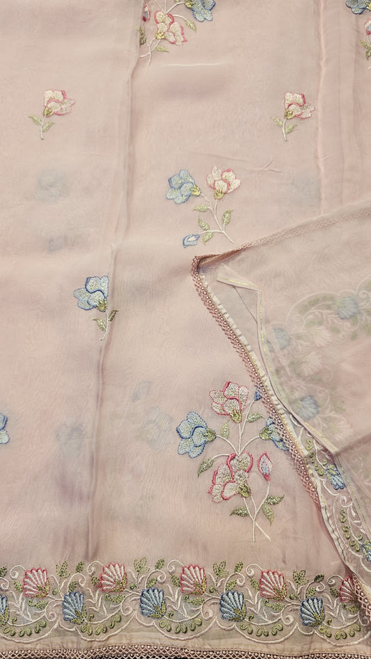 Semi organza fancy saree in light pink self with allover embroidery work