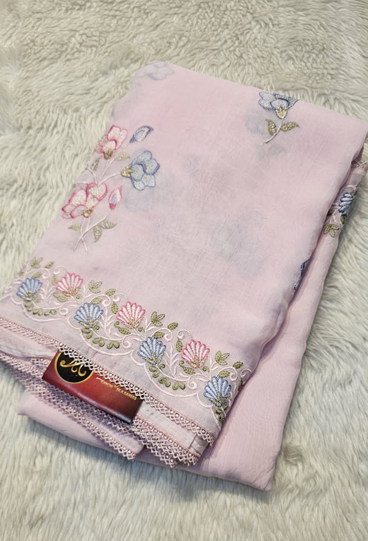 Semi organza fancy saree in light pink self with allover embroidery work