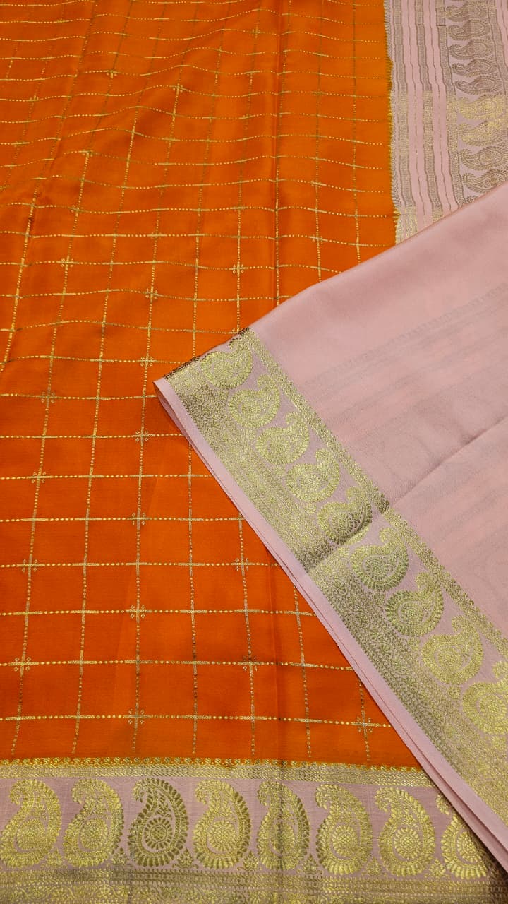 Mysore Crepe Silk Sarees in KSIC Finish in orange with peach pink mango border checks pattern