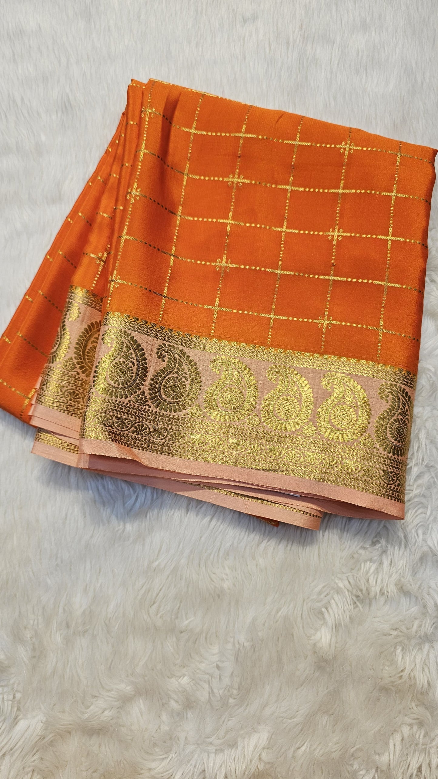 Mysore Crepe Silk Sarees in KSIC Finish in orange with peach pink mango border checks pattern