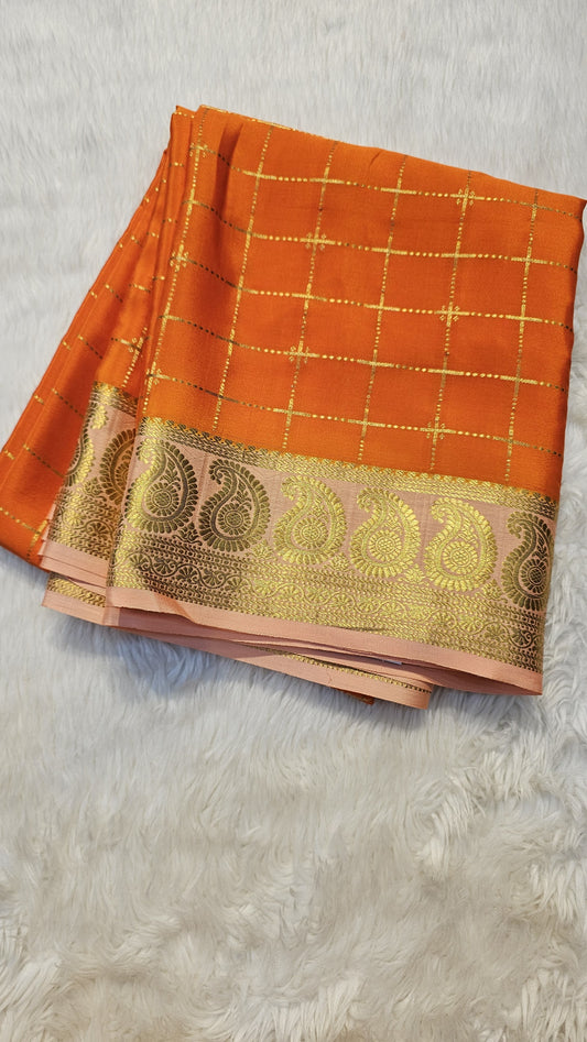 Mysore Crepe Silk Sarees in KSIC Finish in orange with peach pink mango border checks pattern
