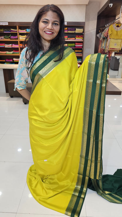 Mysore Crepe Silk Sarees in KSIC Finish in lemon green with bottle green in bentex border