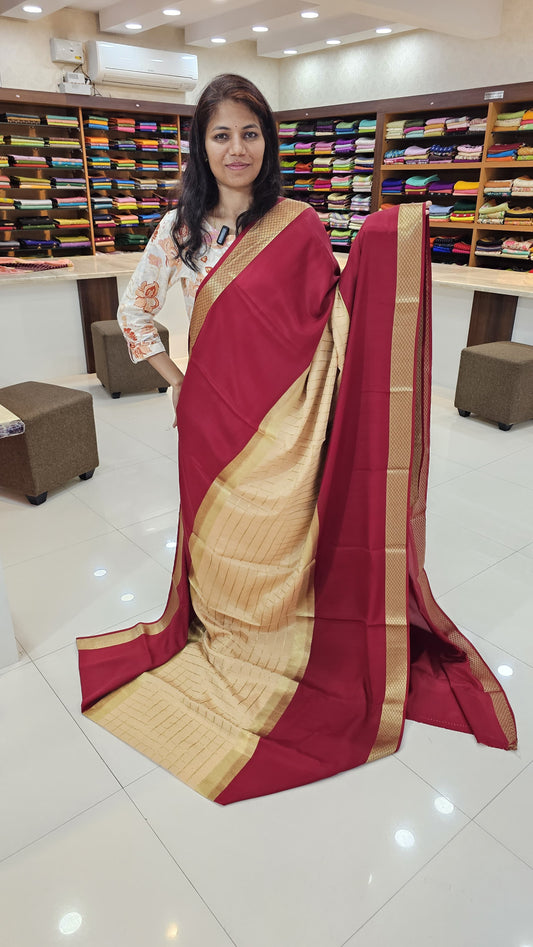 mysore crepe silK in KSIC Finish in beige with mroon red middle cheks pattern