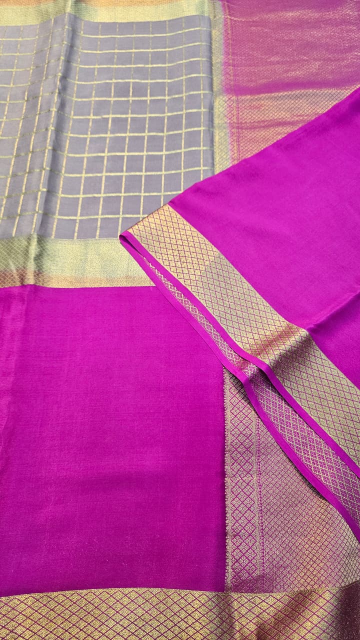 Mysore crepe silk sarees in KSIC Finish in chiku with rani pink middle checks pattern